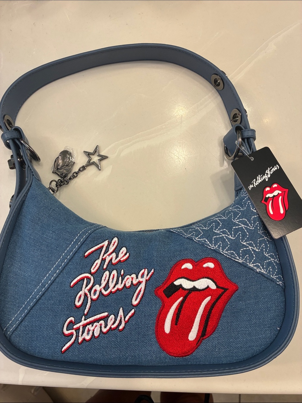The Rolling Stones Blue Denim Shoulder Bag with Red Tongue Patch